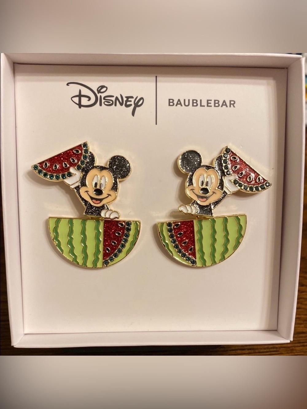Disney BaubleBar Mickey Mouse Watermelon Earrings Rhinestone Dangle NWT Box